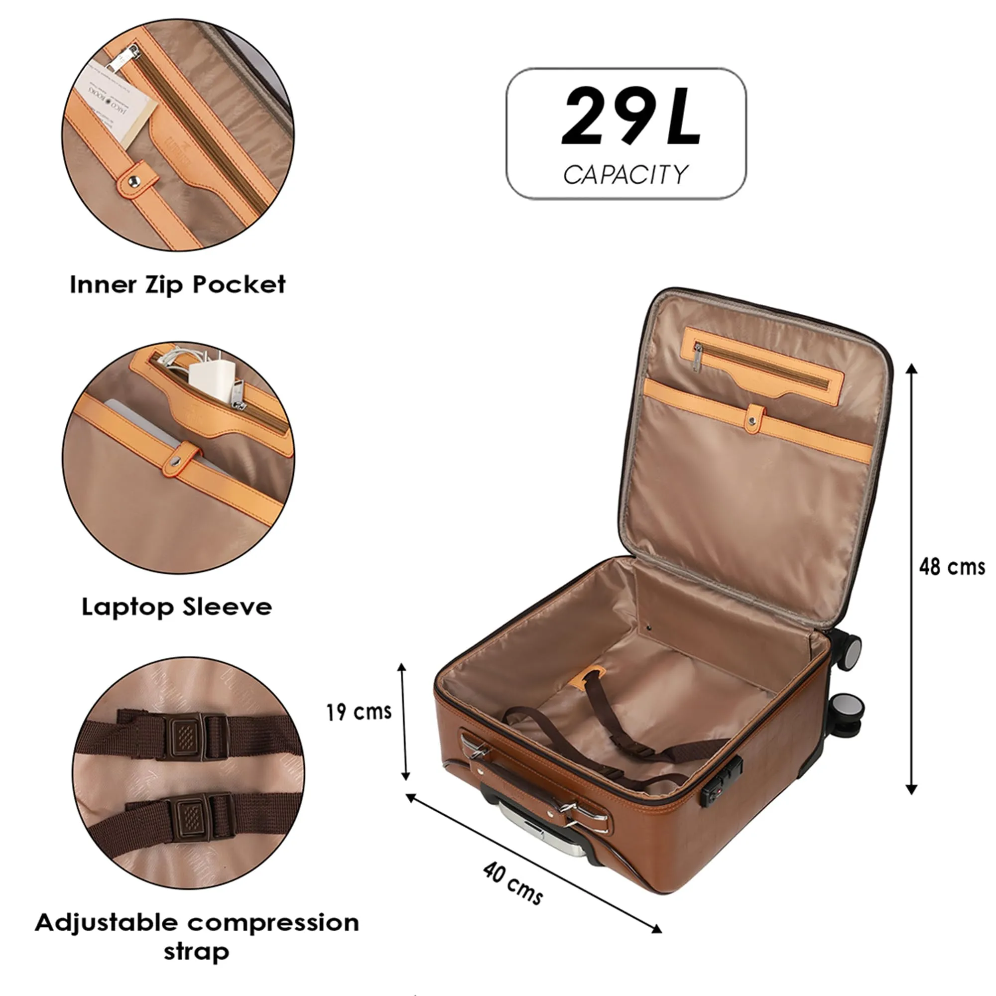 Clownfish Elite Series Laptop Trolley Bag | Overnighter Trolley Bags with Wheels for Travel | Business Cabin Crew Suitcase with Laptop Compartment | 18 inches| 29 litres | Brown