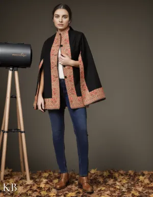 Coal Black Sozni Zari Woolen Cape Jacket
