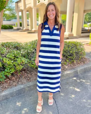 Coastline Navy Stripe V Neck Collared Sleeveless Midi Dress