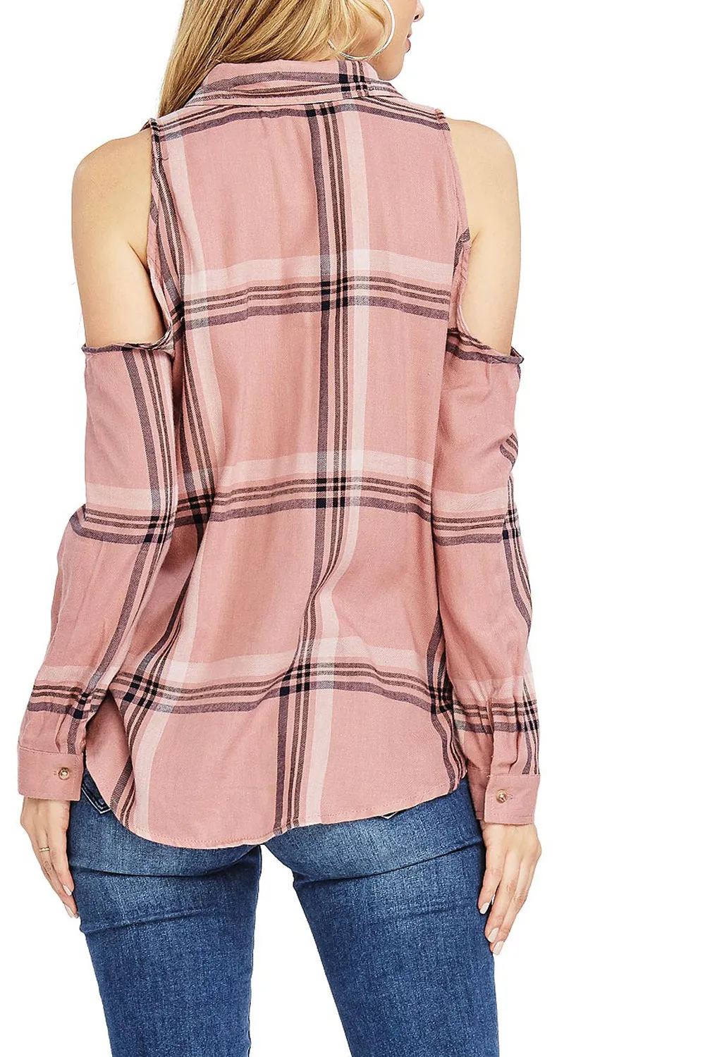 Cold Shoulder Plaid Shirt