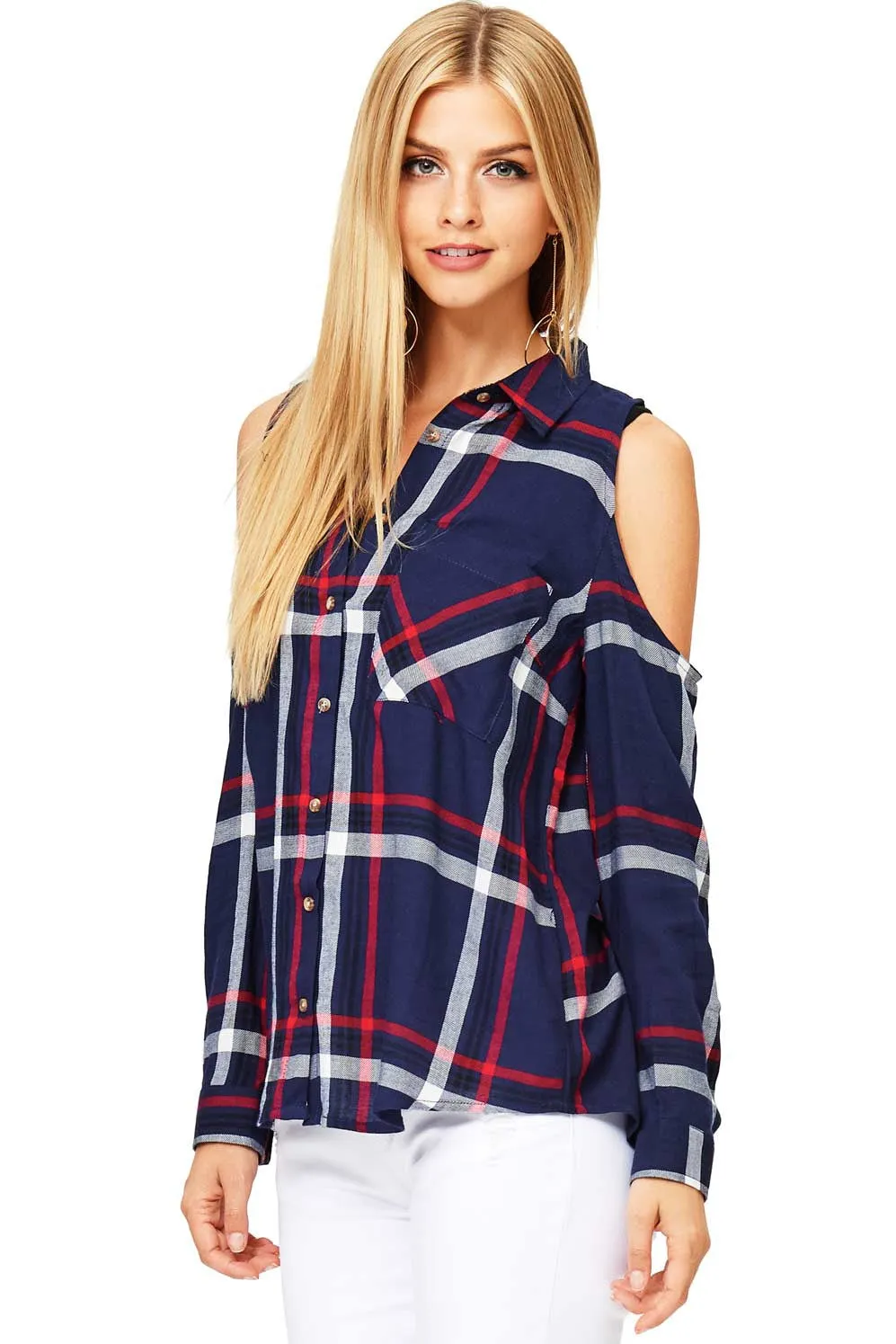 Cold Shoulder Plaid Shirt