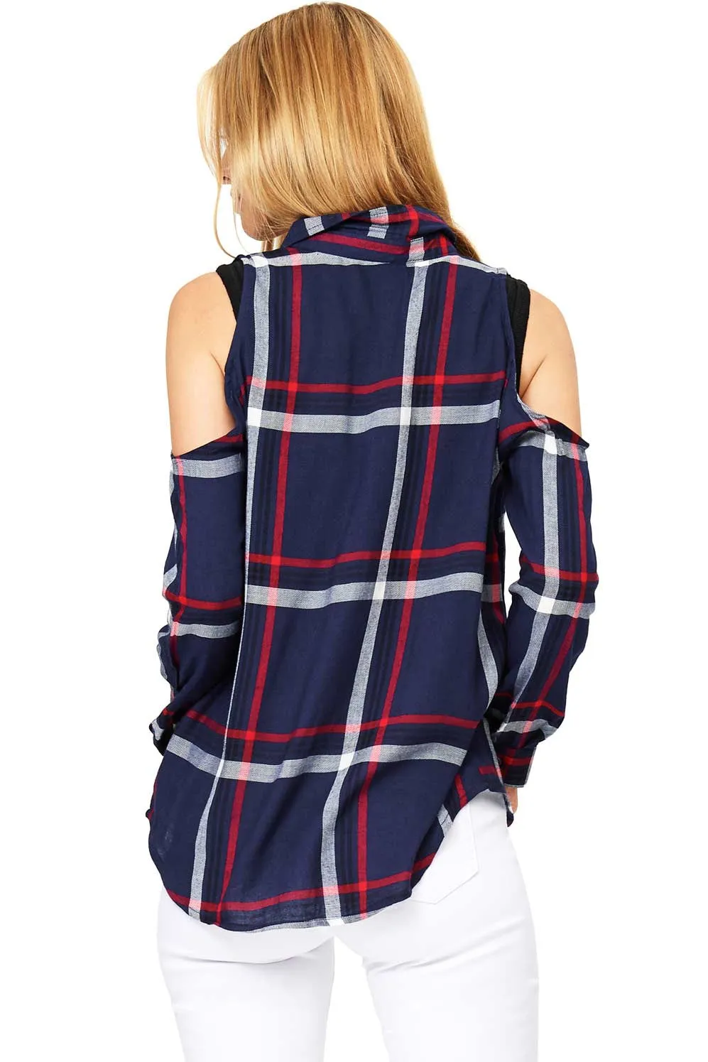 Cold Shoulder Plaid Shirt