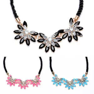 Collares Women Flower Necklace Pendant Multi-layer Black Weave Rope Chain Rhinestone Water Drop Choker Statement Necklace
