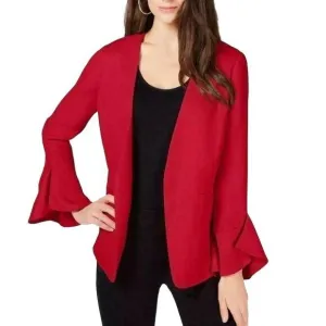 Collarless Open Front Pockets Long Flared Sleeve Blazer