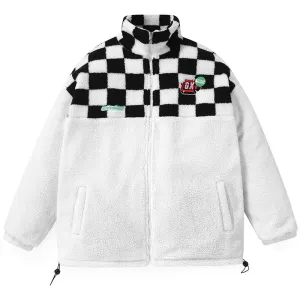 Color Block Checkerboard Stand Collar Padded Coat