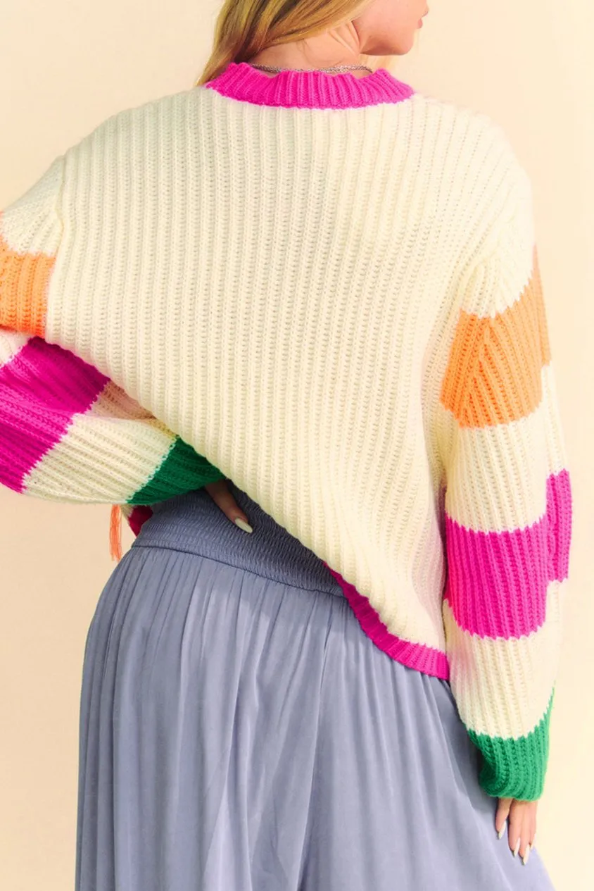 Colorblock Floral Cable Knit Sweater