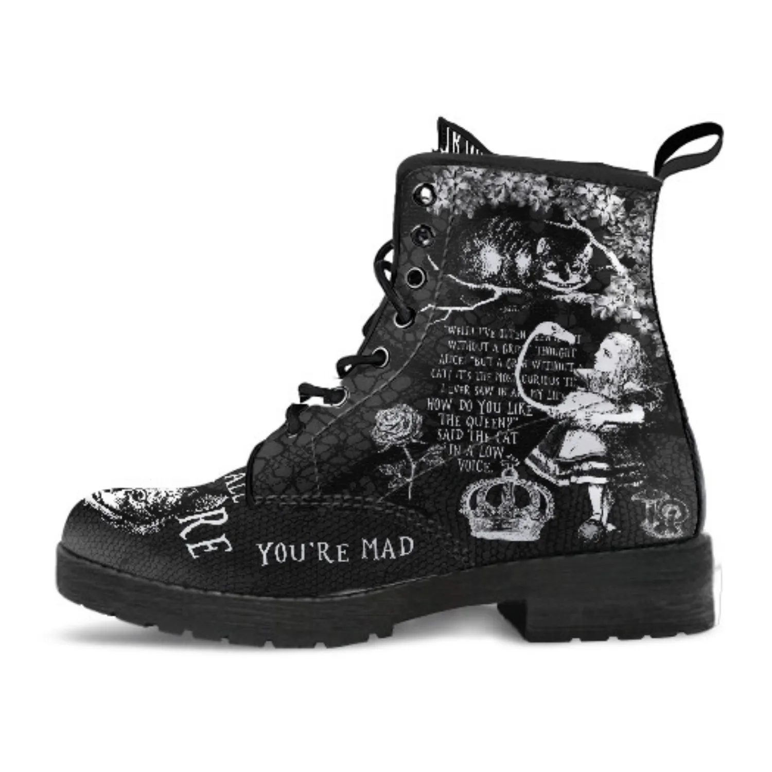 Combat Boots - Alice in Wonderland Gifts #103 Black and White Series, Cheshire Cat, Gift Idea, Women's Boots, Vegan Shoes, Vegan Leather