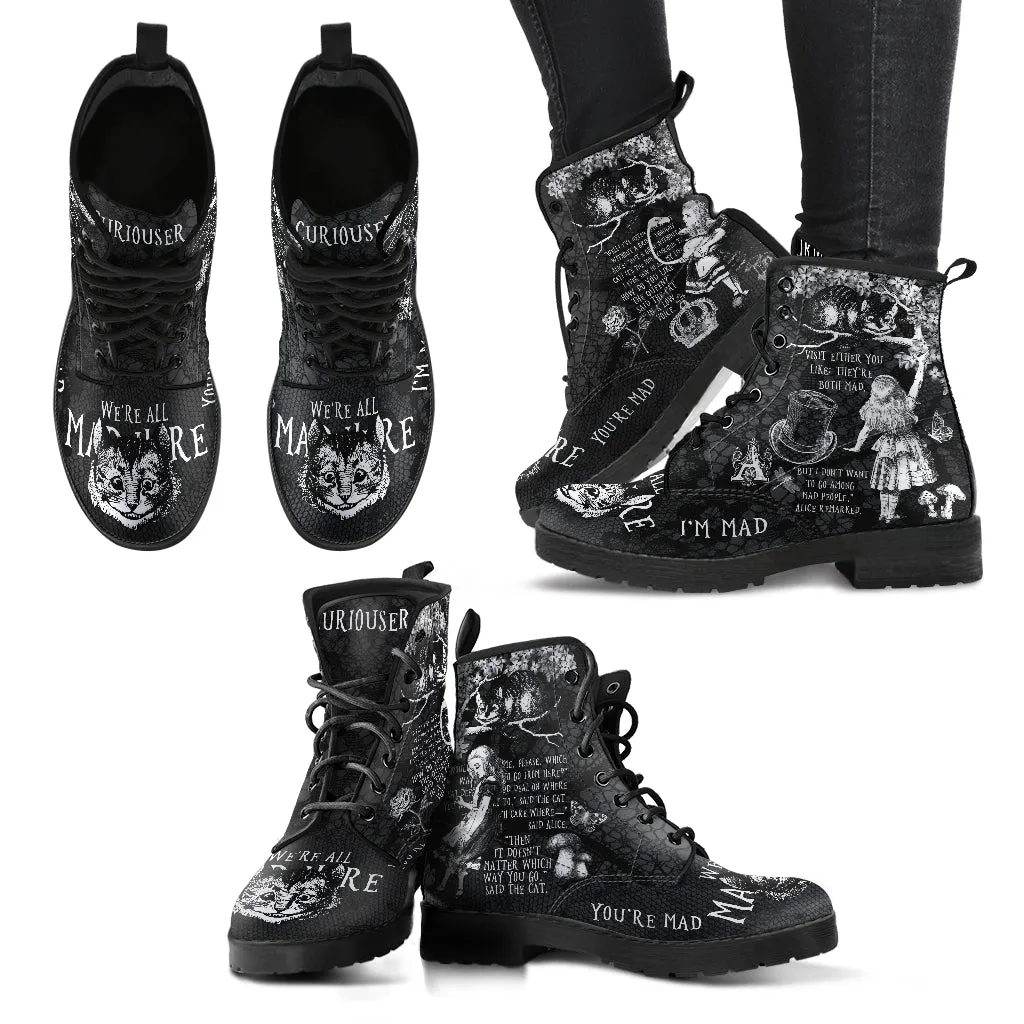 Combat Boots - Alice in Wonderland Gifts #103 Black and White Series, Cheshire Cat, Gift Idea, Women's Boots, Vegan Shoes, Vegan Leather