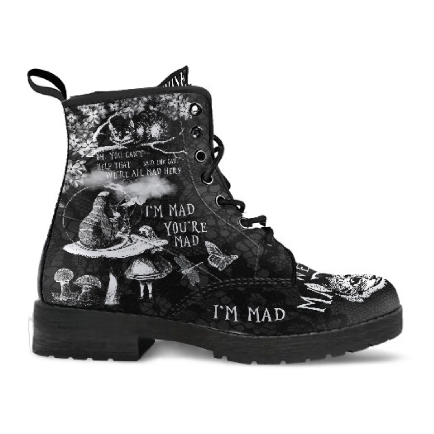 Combat Boots - Alice in Wonderland Gifts #103 Black and White Series, Cheshire Cat, Gift Idea, Women's Boots, Vegan Shoes, Vegan Leather