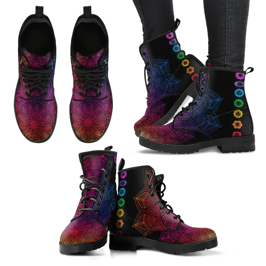 Combat Boots for Women - Chakra Handcrafted Boots | Unique Custom Faux Leather Shoes, Cruelty-free Vegan Handmade Lace Up