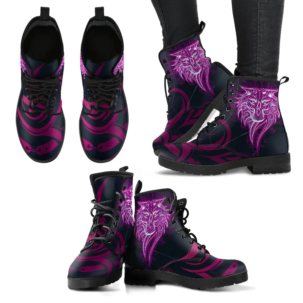 Combat Boots for Women - Tribal Wolf | Unique Custom Faux Leather Shoes, Cruelty-free Vegan Handmade Lace Up