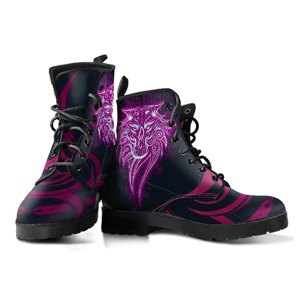 Combat Boots for Women - Tribal Wolf | Unique Custom Faux Leather Shoes, Cruelty-free Vegan Handmade Lace Up