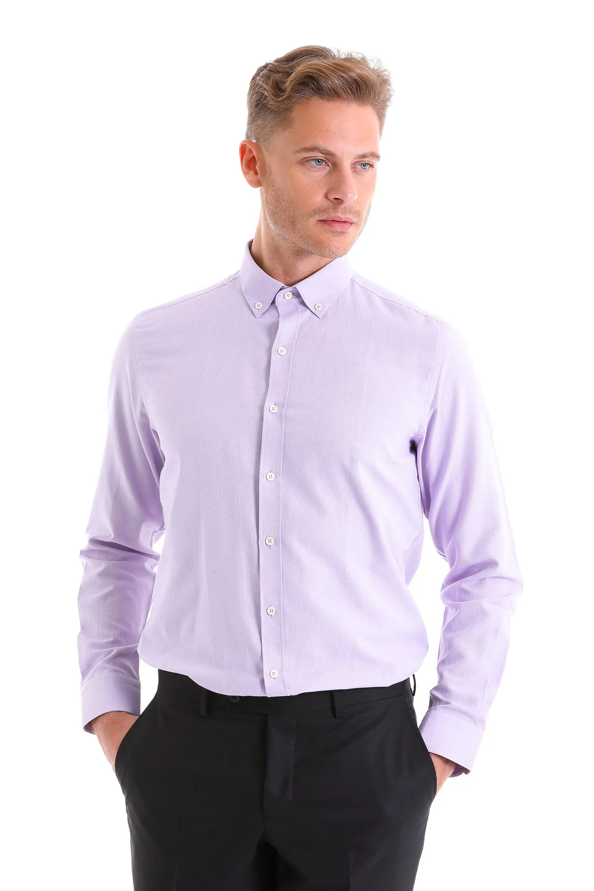 Comfort Fit Long Sleeve Cotton Blend Lilac Casual Shirt