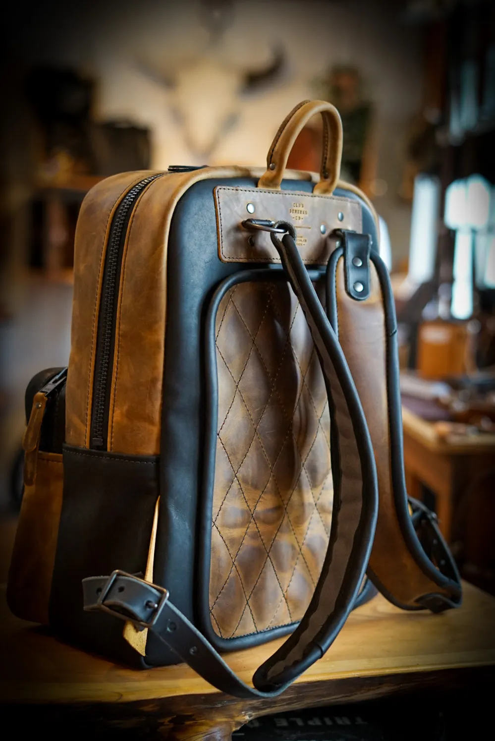 Commuter Backpack (Diamond Stitch: Two Tone "Tobacco Brown"   Flat Black Accents)
