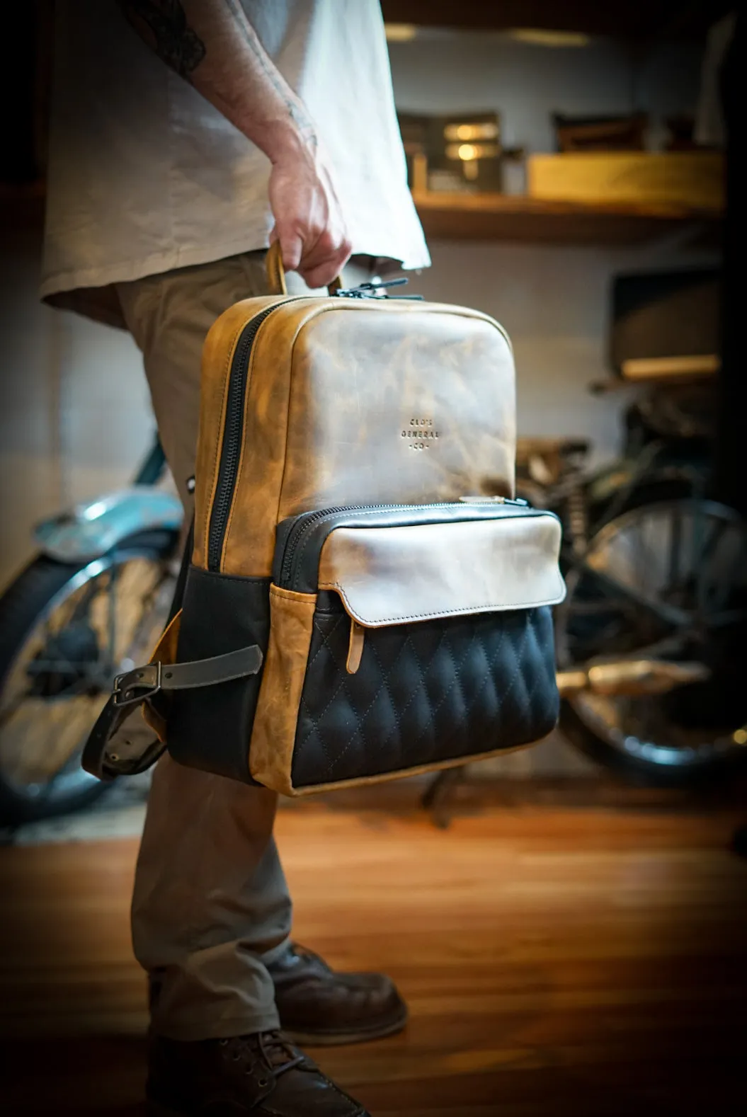 Commuter Backpack (Diamond Stitch: Two Tone "Tobacco Brown"   Flat Black Accents)