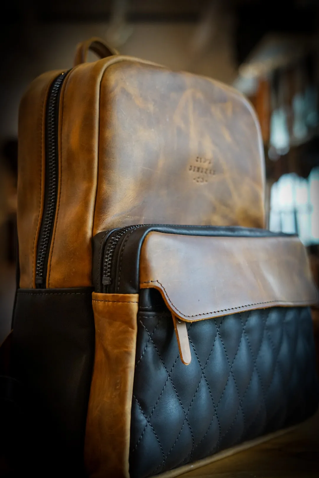 Commuter Backpack (Diamond Stitch: Two Tone "Tobacco Brown"   Flat Black Accents)