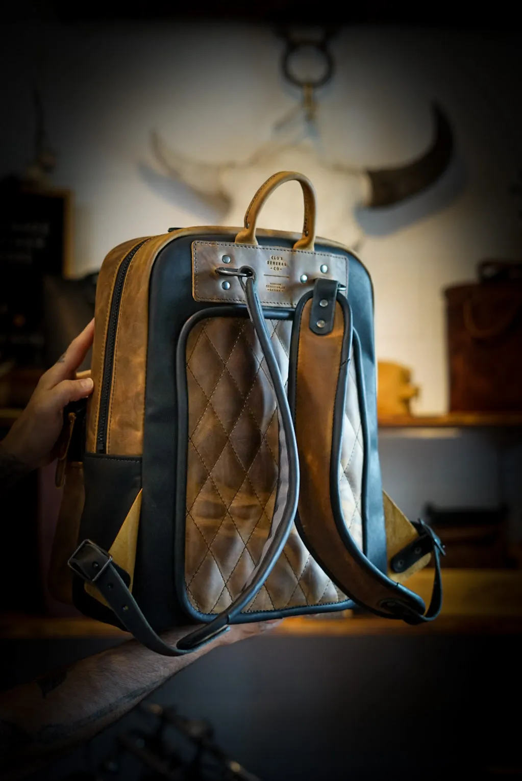 Commuter Backpack (Diamond Stitch: Two Tone "Tobacco Brown"   Flat Black Accents)
