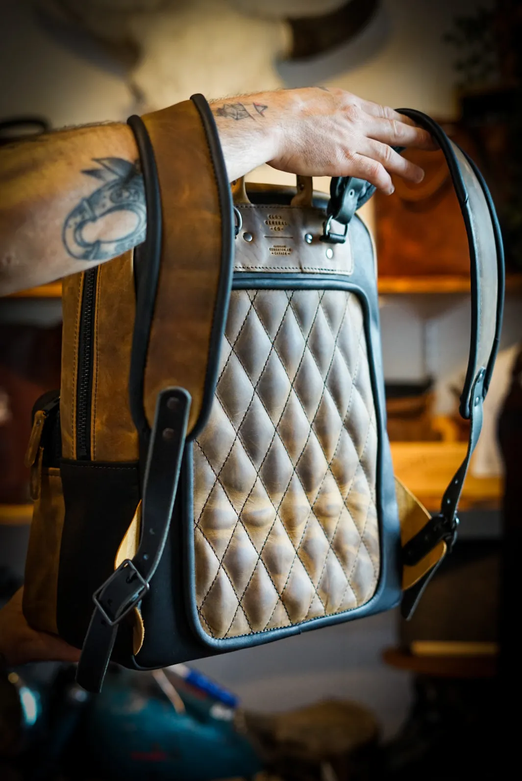 Commuter Backpack (Diamond Stitch: Two Tone "Tobacco Brown"   Flat Black Accents)