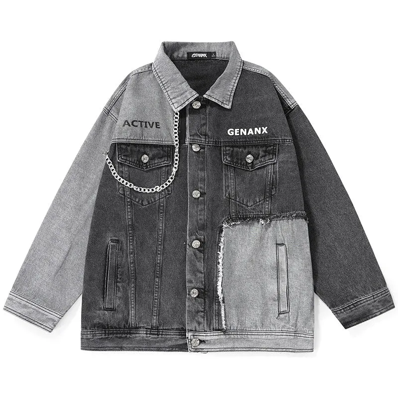 Contrast Patchwork Graffiti Print Raw Hem Denim Jacket