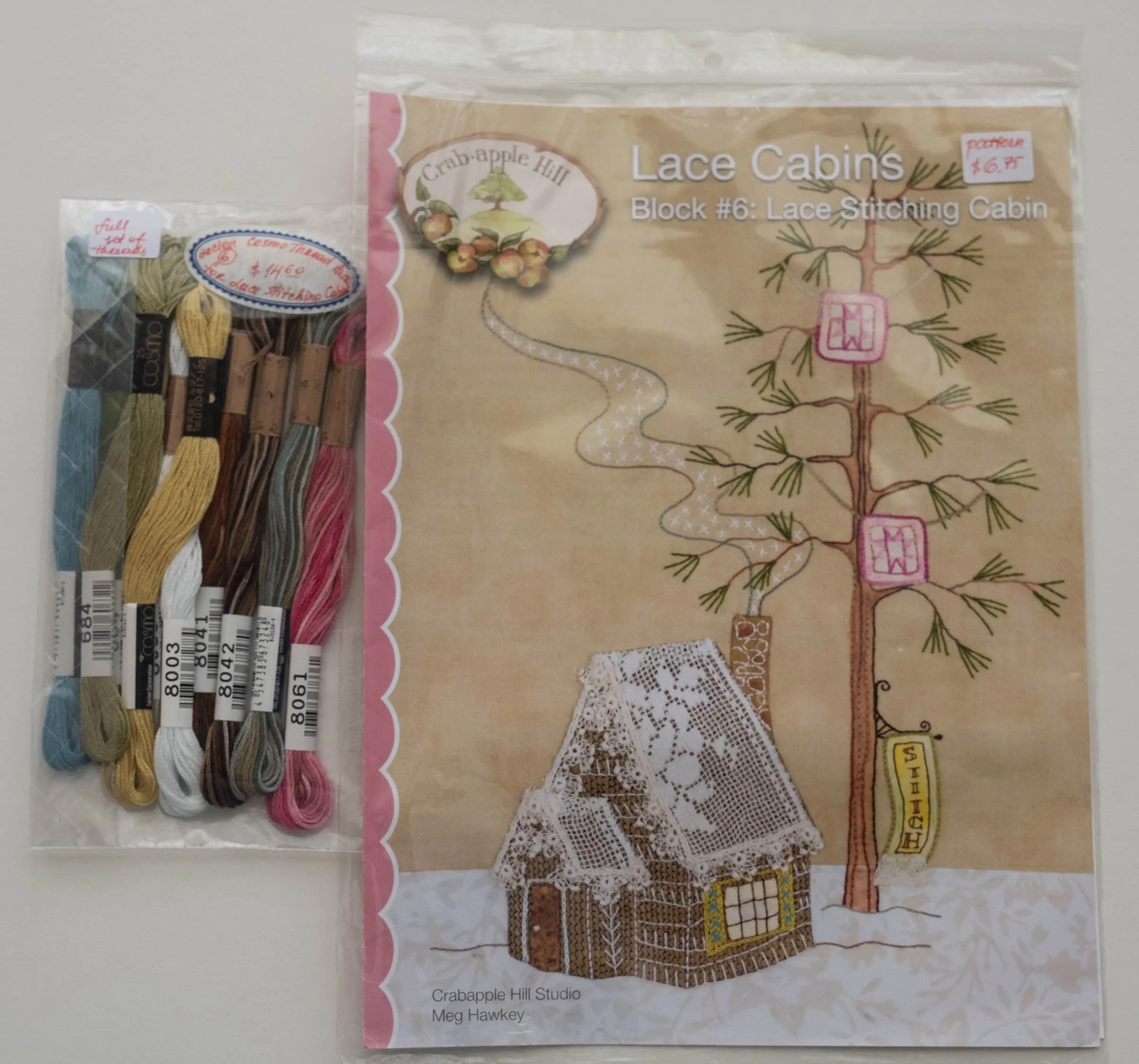 COSMO Embroidery Floss Pack from Lecien, Japan, for the Pattern of Block 6, Lace Stitching Cabin by Meg Hawkey for the Crabapple Hill Designs