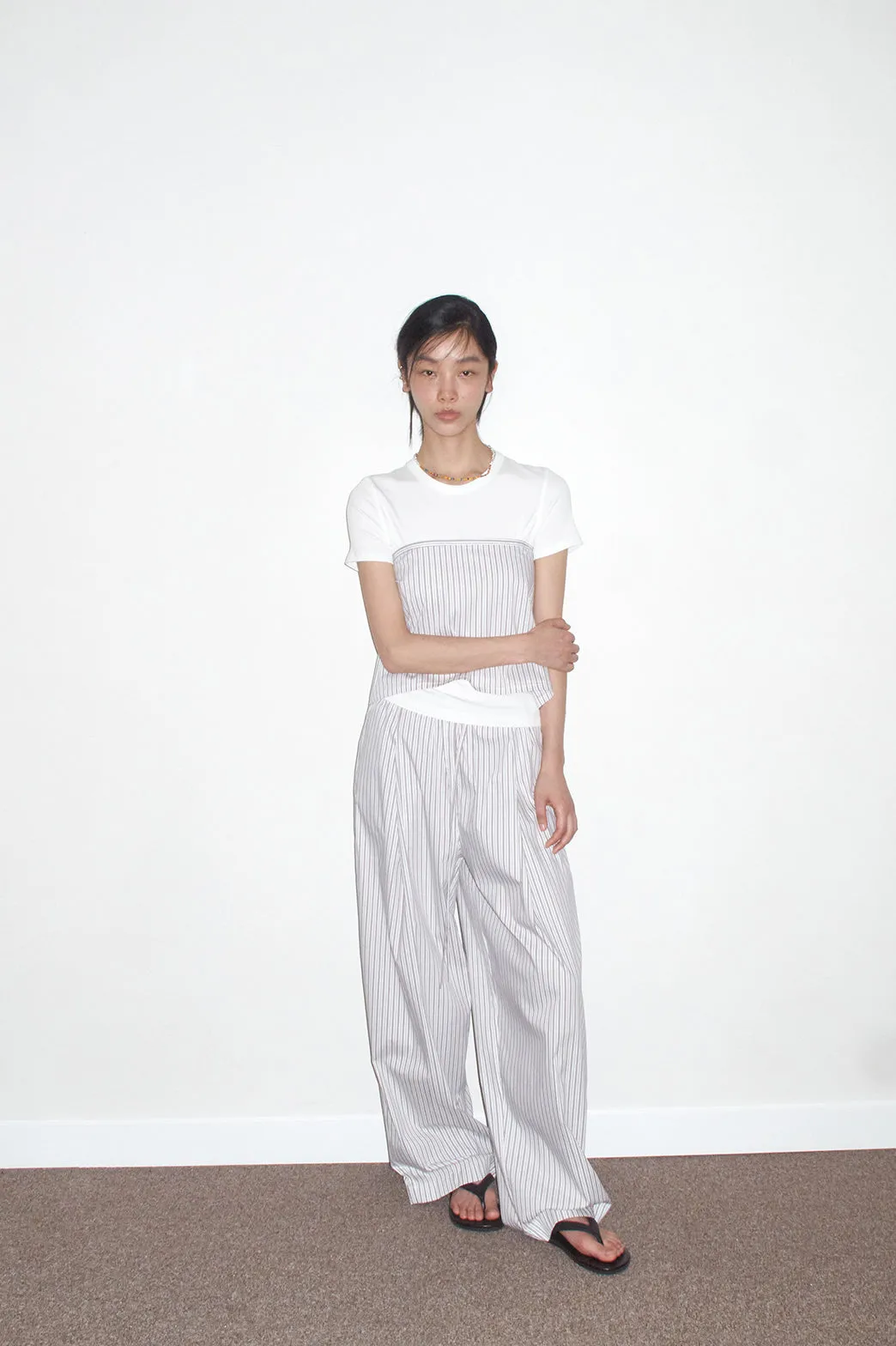 Cotton blend striped wide-leg pants with wraparound skirt
