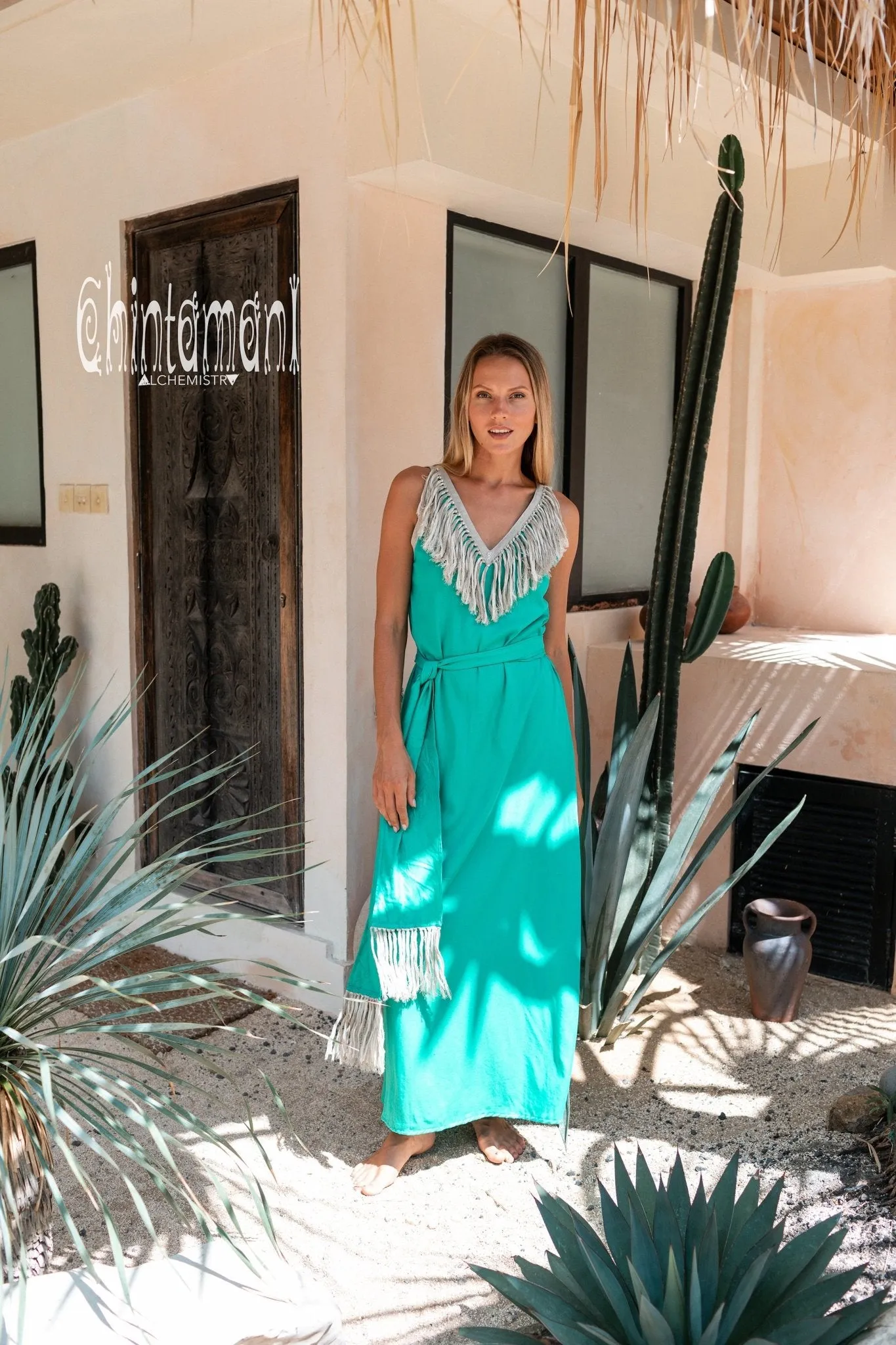 Cotton Boho Fringe Dress for Women / Green