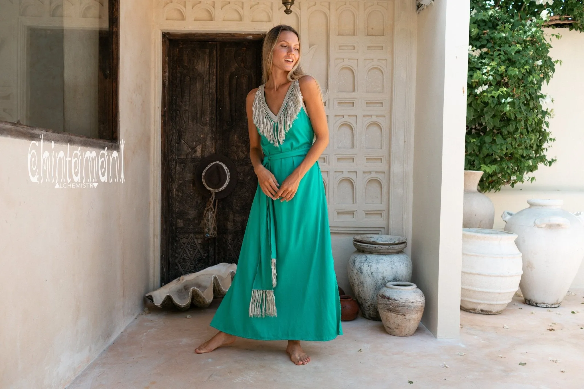 Cotton Boho Fringe Dress for Women / Green