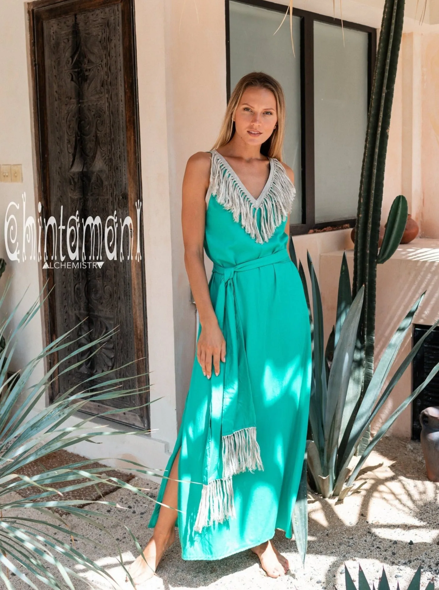 Cotton Boho Fringe Dress for Women / Green
