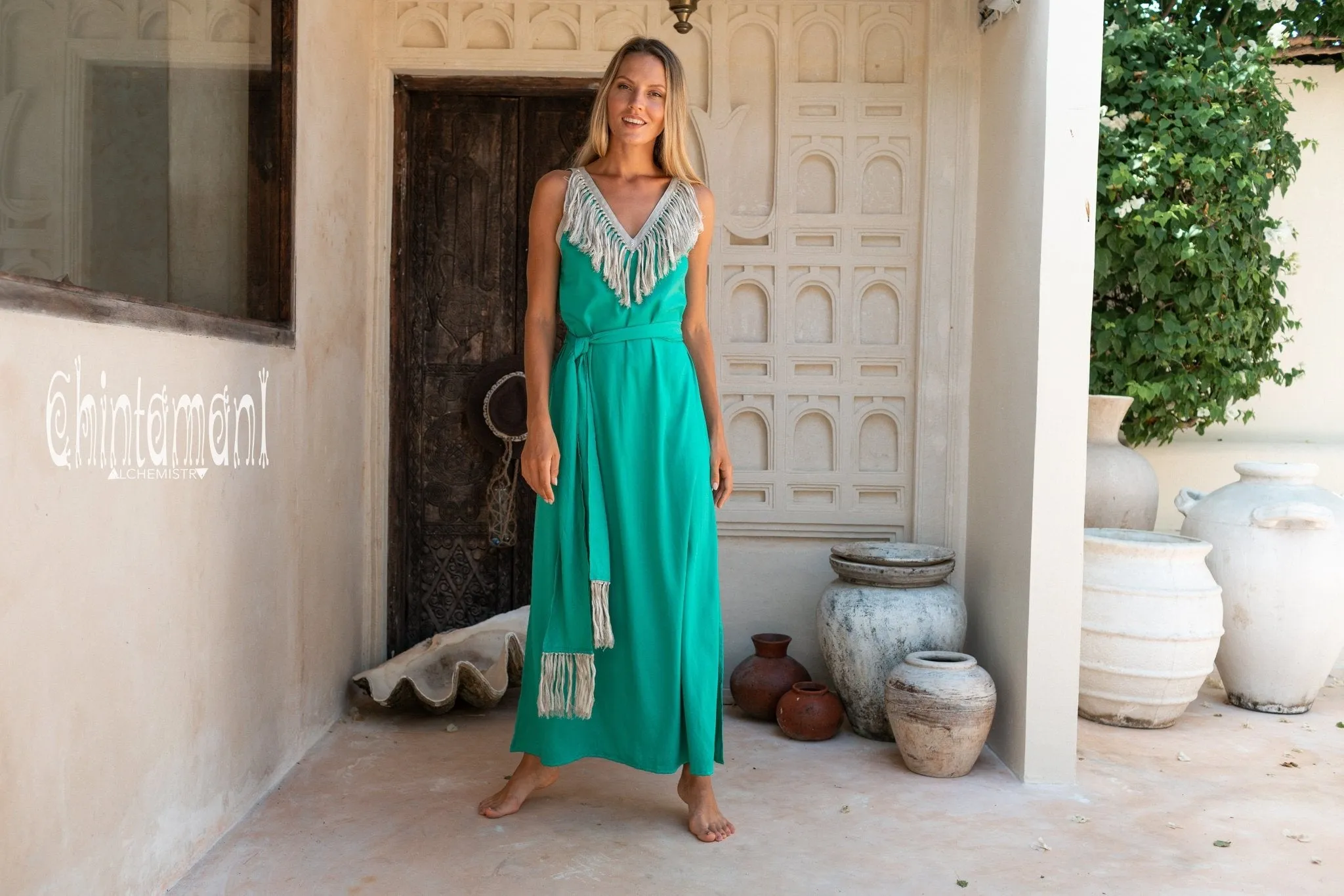 Cotton Boho Fringe Dress for Women / Green
