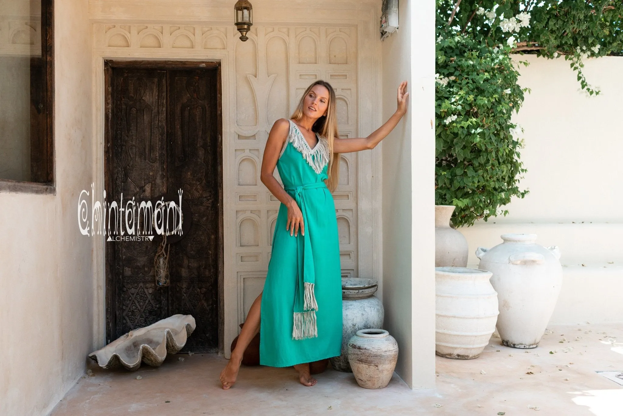 Cotton Boho Fringe Dress for Women / Green