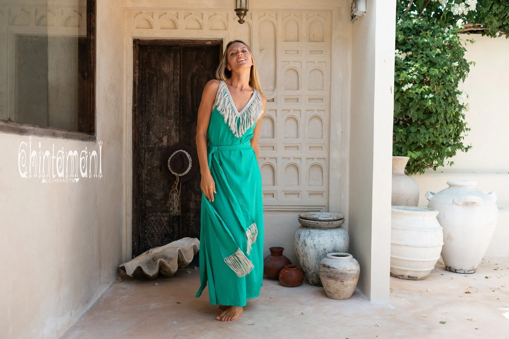 Cotton Boho Fringe Dress for Women / Green