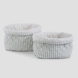 Cotton Quilted Basket Set | Soft Fern Stripes | Green