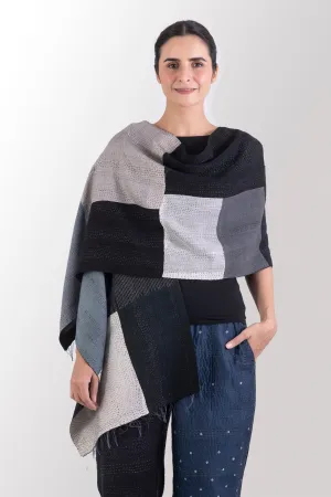 COTTON SILK SW PATCH OMBRE KANTHA SCARF STANDARD - wo2801-blk -