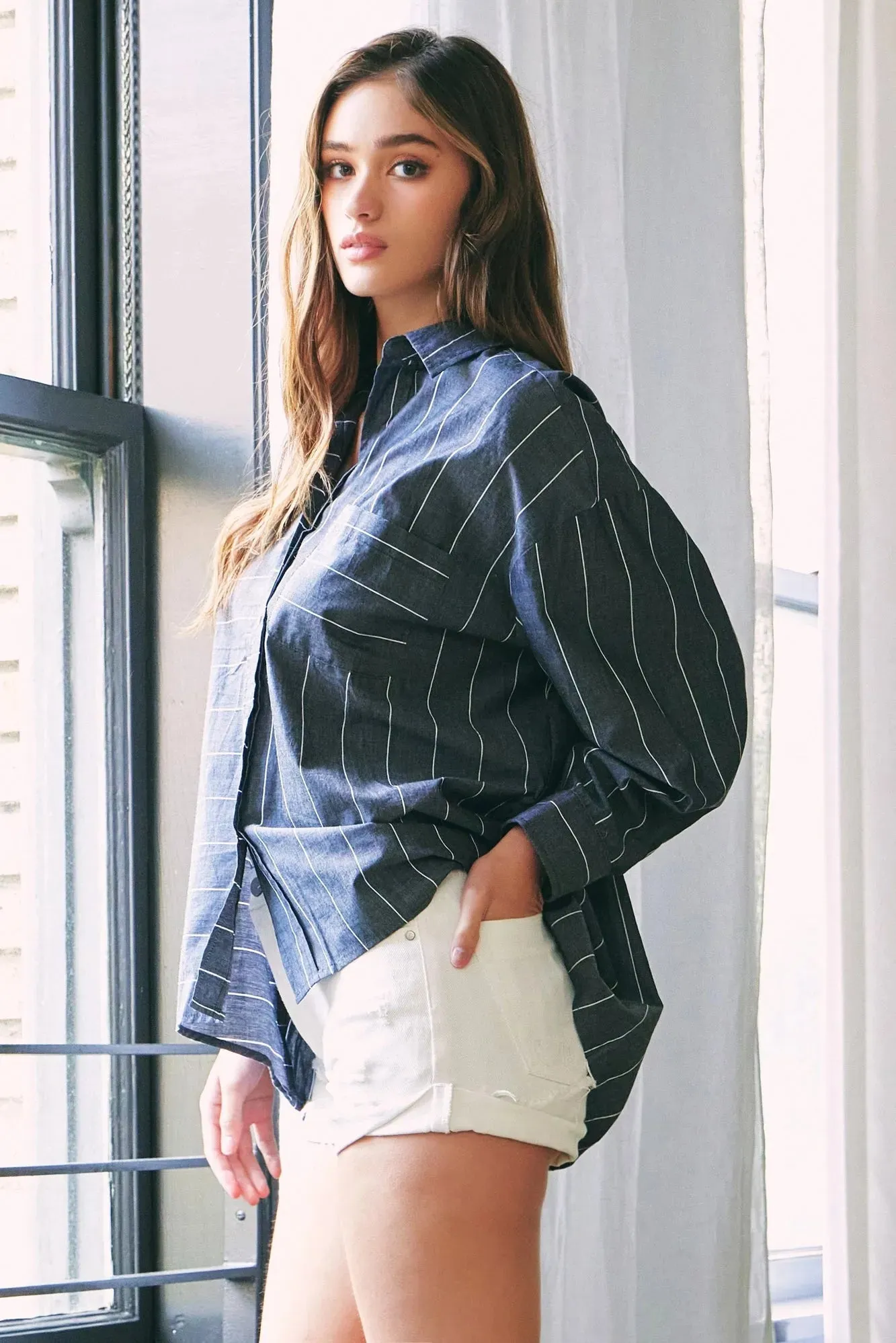 Cotton Stripe Single Pocket Button Up Shirt Top