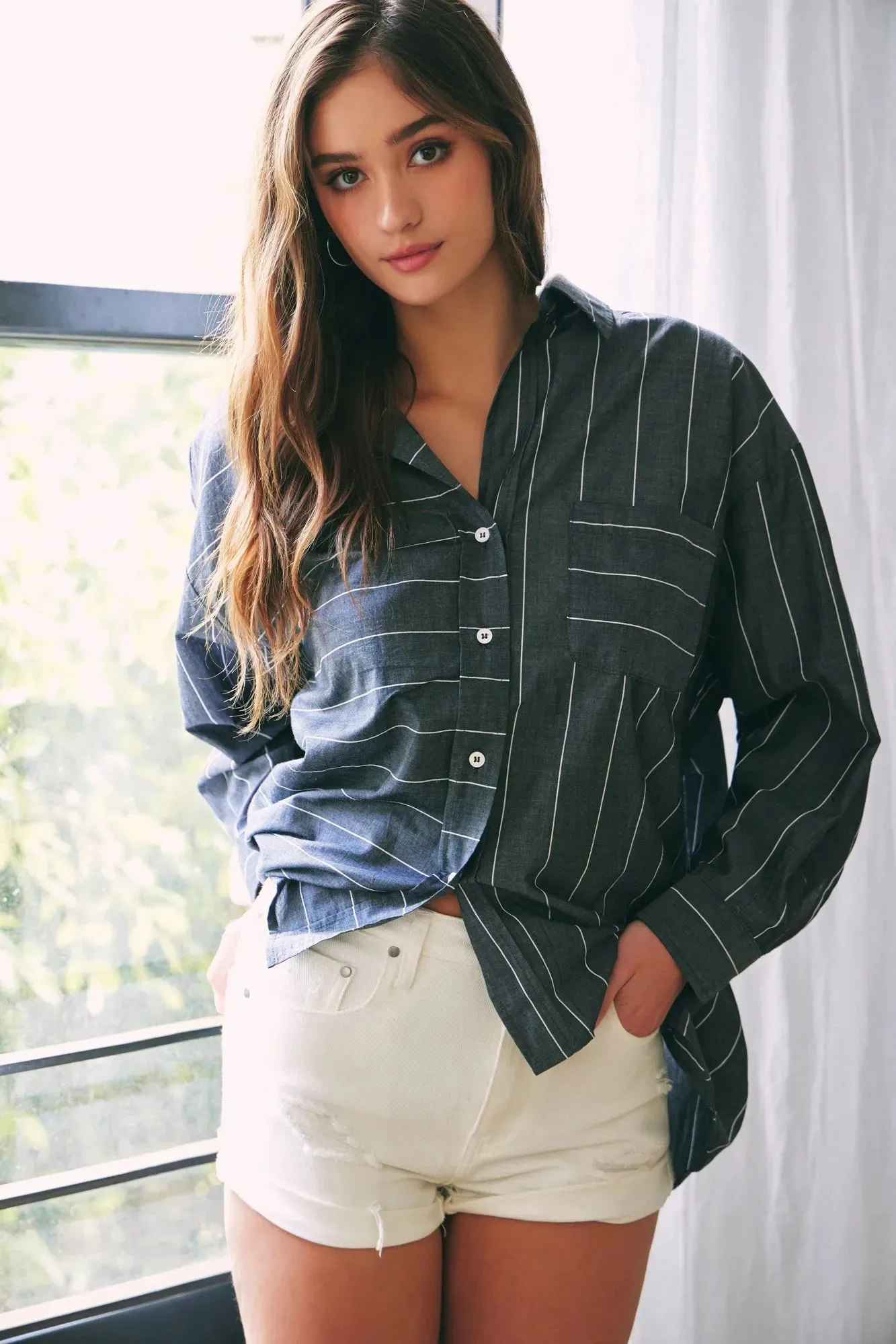 Cotton Stripe Single Pocket Button Up Shirt Top