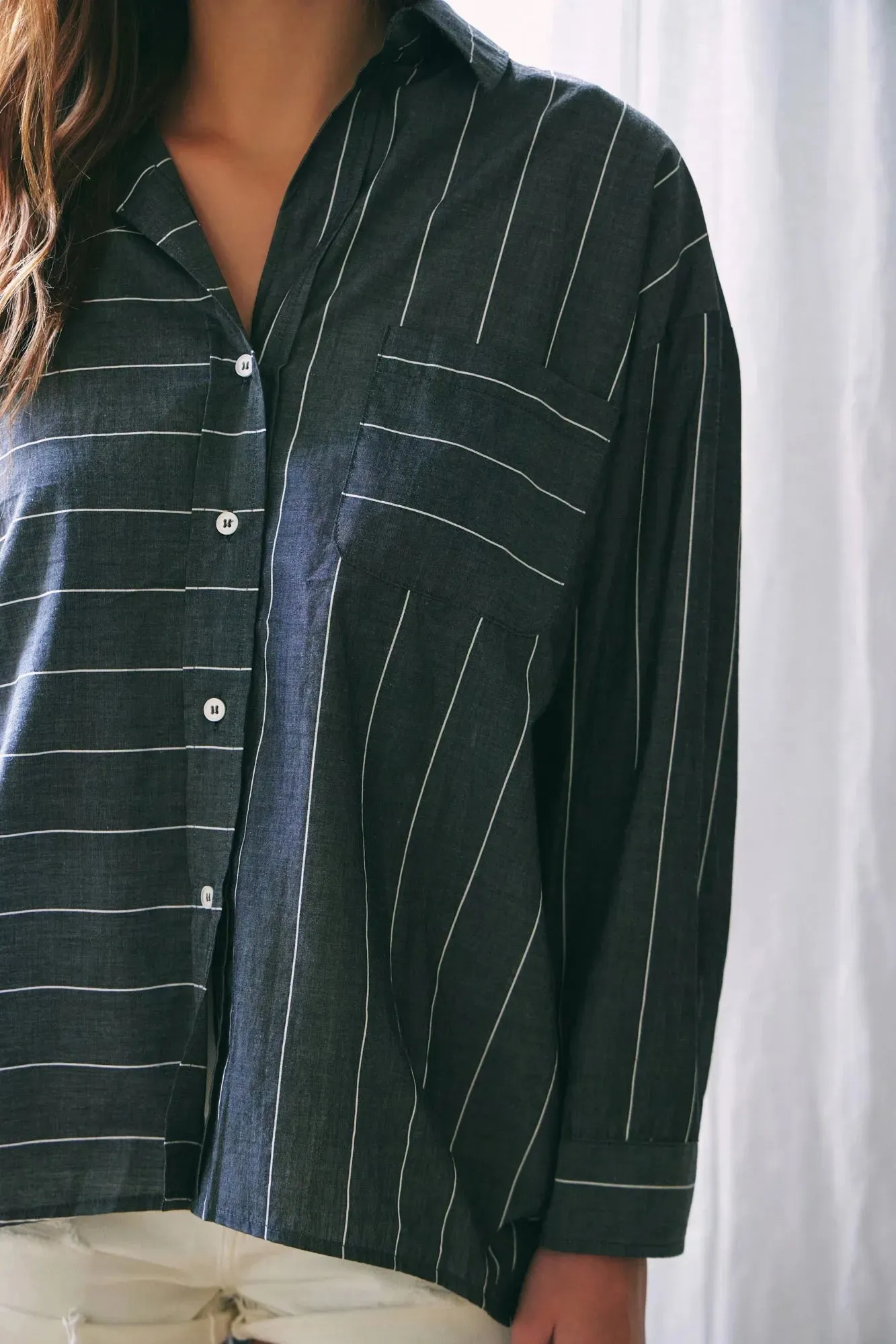 Cotton Stripe Single Pocket Button Up Shirt Top