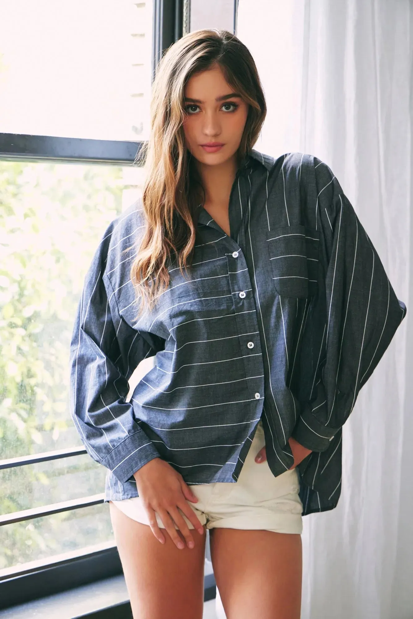 Cotton Stripe Single Pocket Button Up Shirt Top