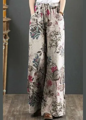 Cotton Women Palnt Floral Print Pocket Drawstring Elastic Waist Retro Wide Leg Pants