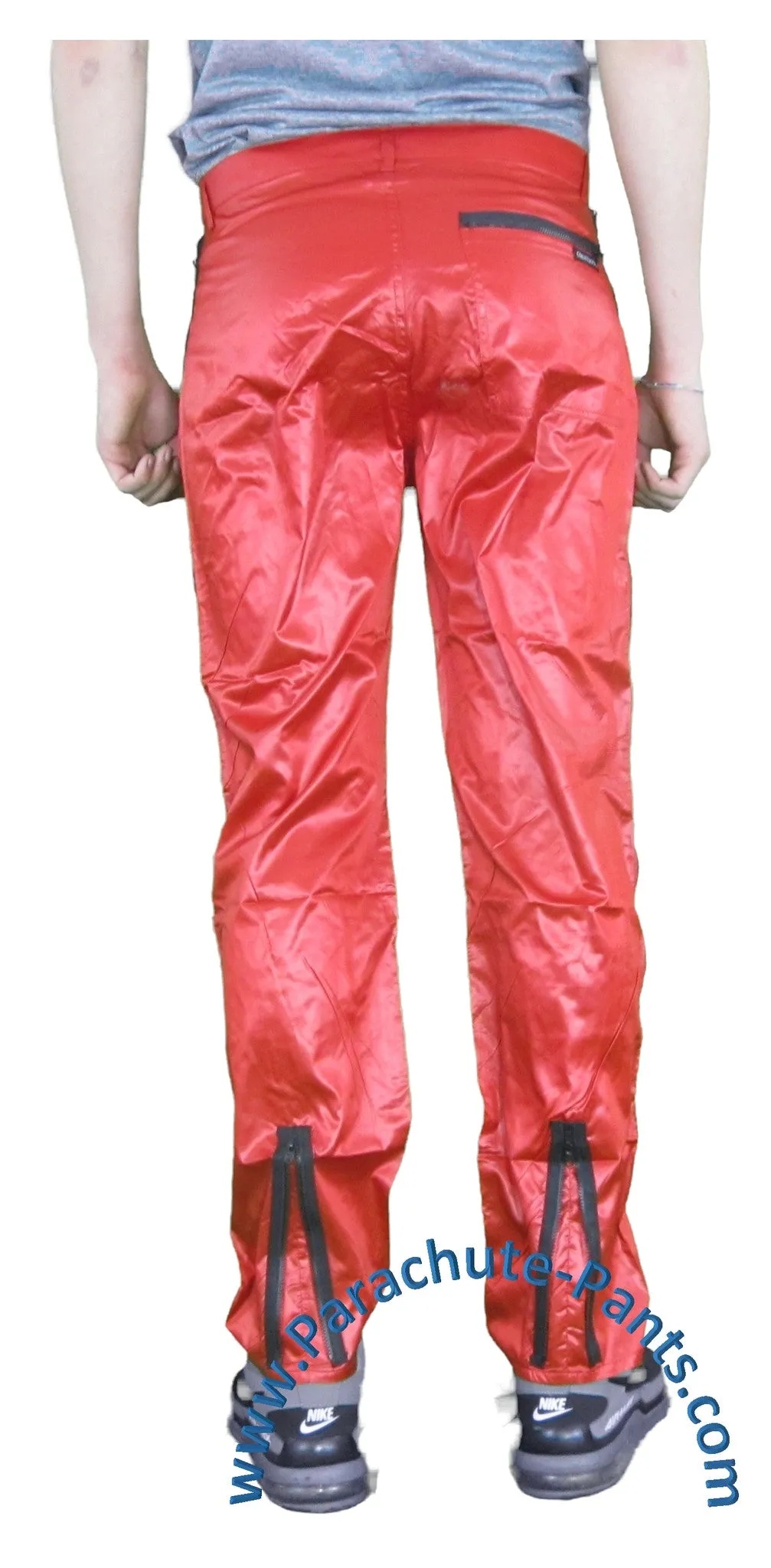 Countdown Red Shiny Nylon Parachute Pants w/ Long Black Zippers