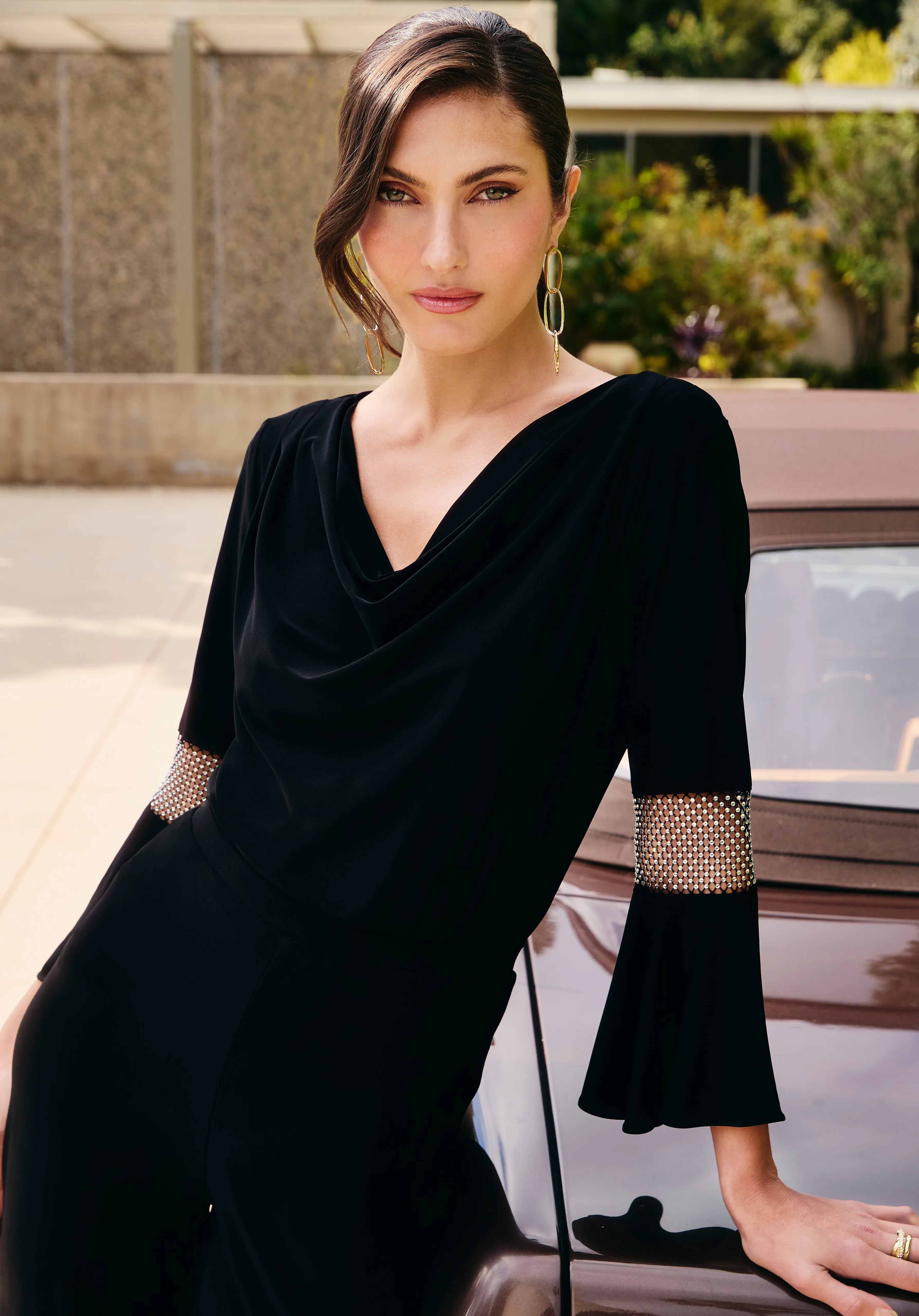 Cowl Neck Flare-Sleeve Pullover