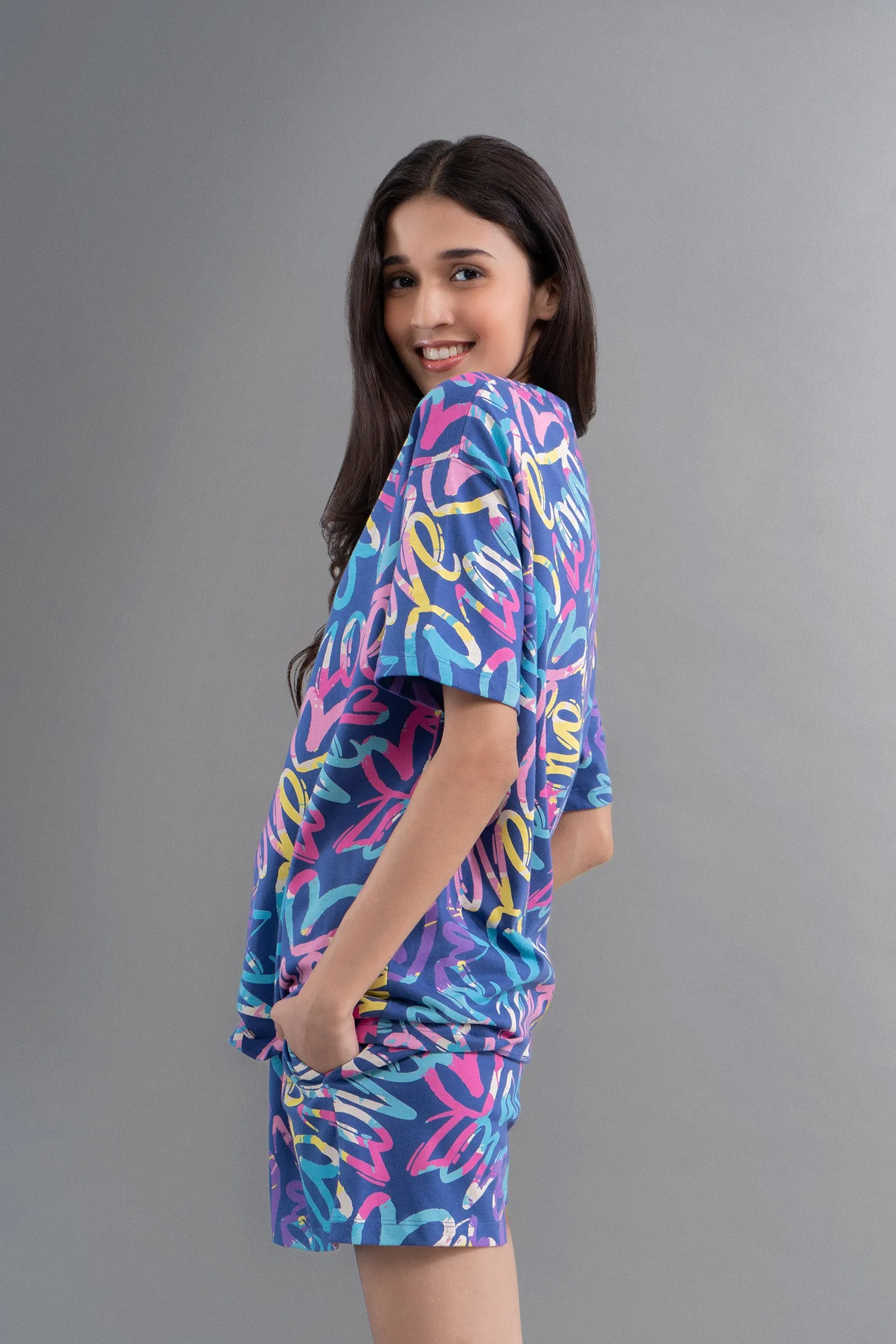 Cozy Heart Cotton Blue Shorts Set