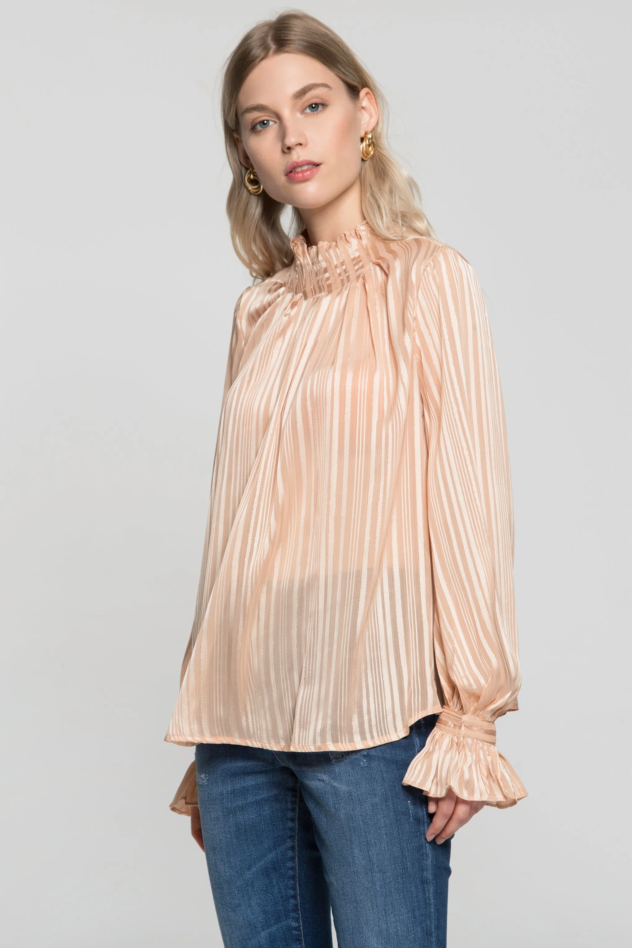 Cream Gold Iridescent Striped Flounced Sleeves and Neck Top