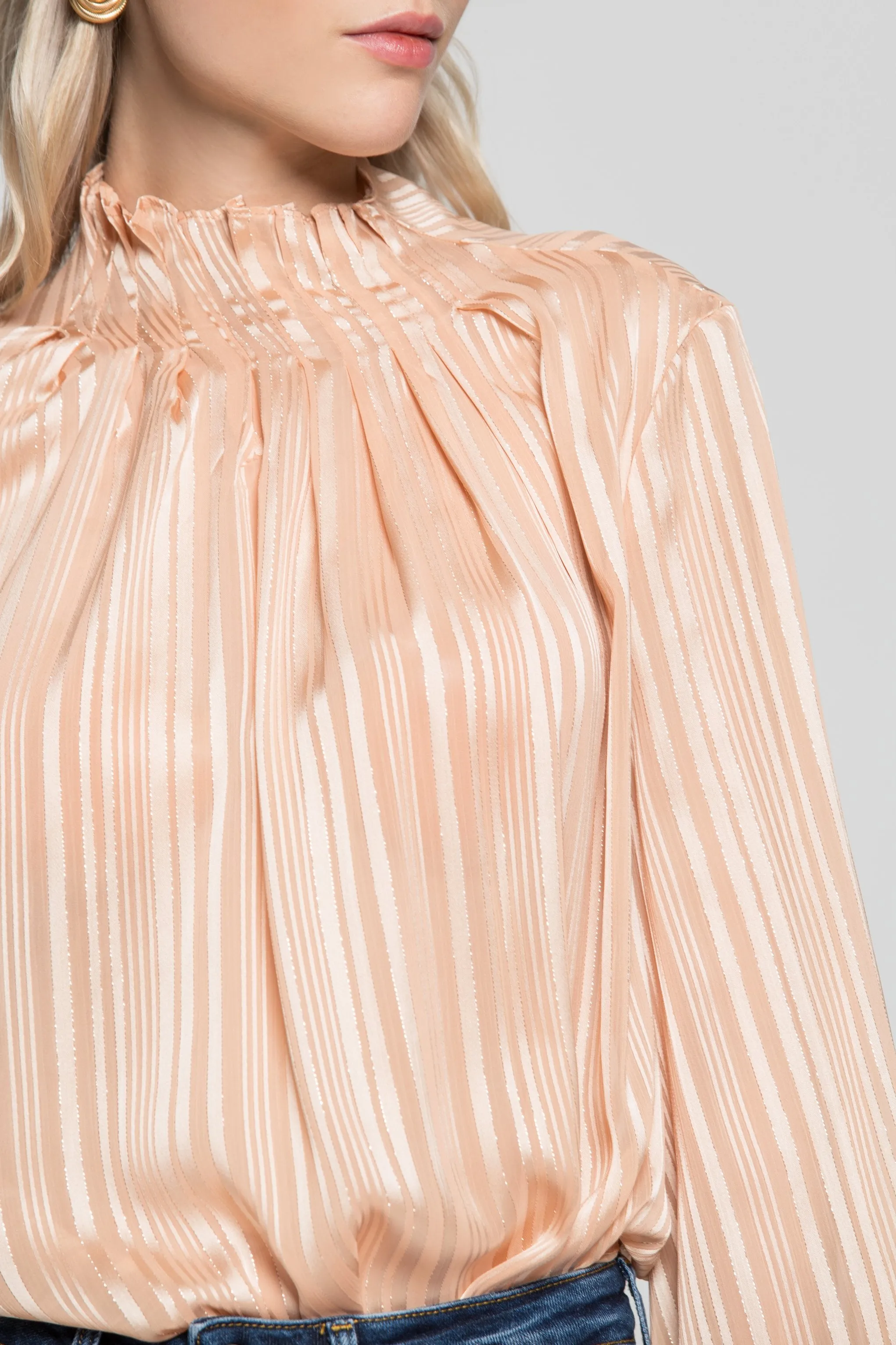 Cream Gold Iridescent Striped Flounced Sleeves and Neck Top