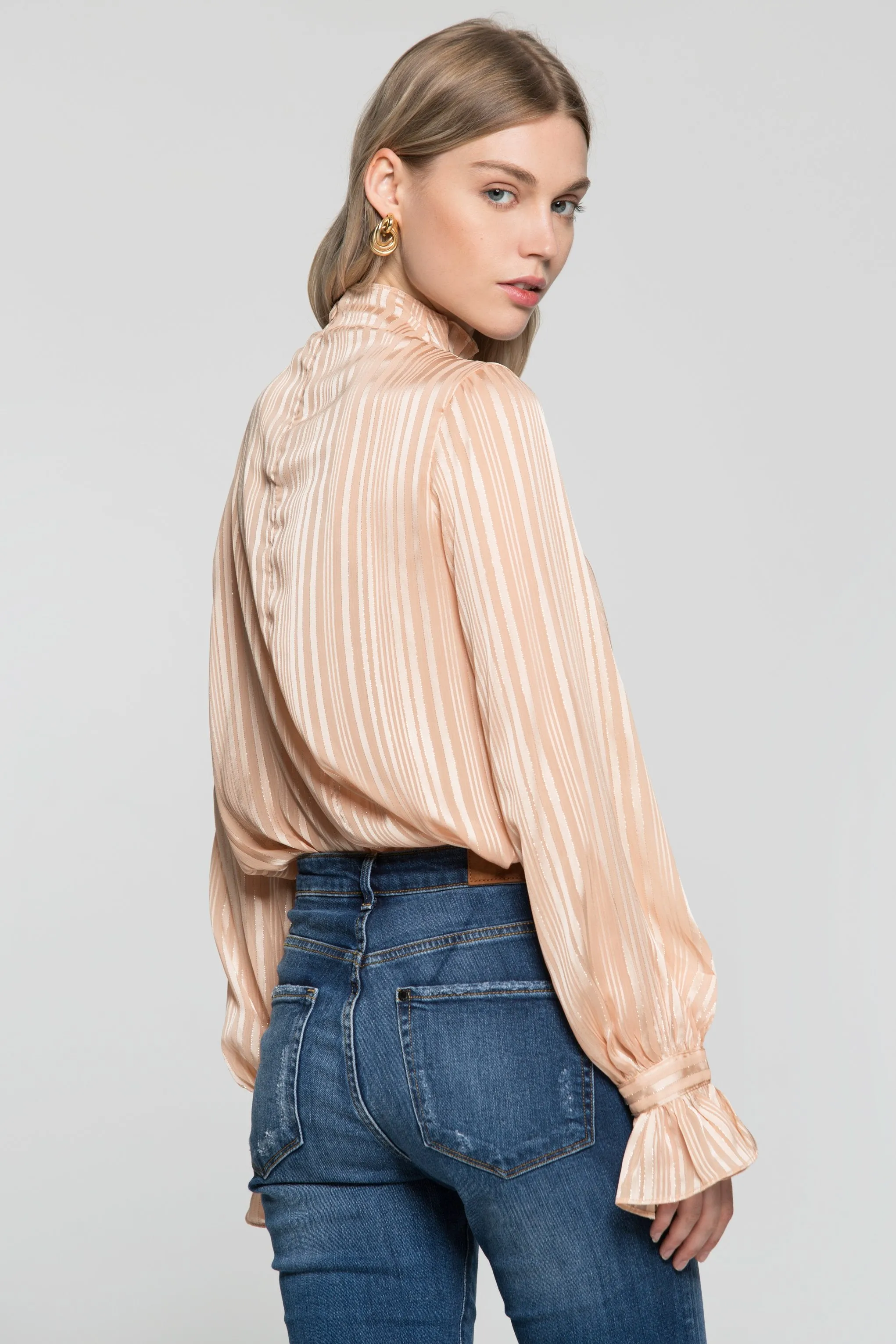Cream Gold Iridescent Striped Flounced Sleeves and Neck Top