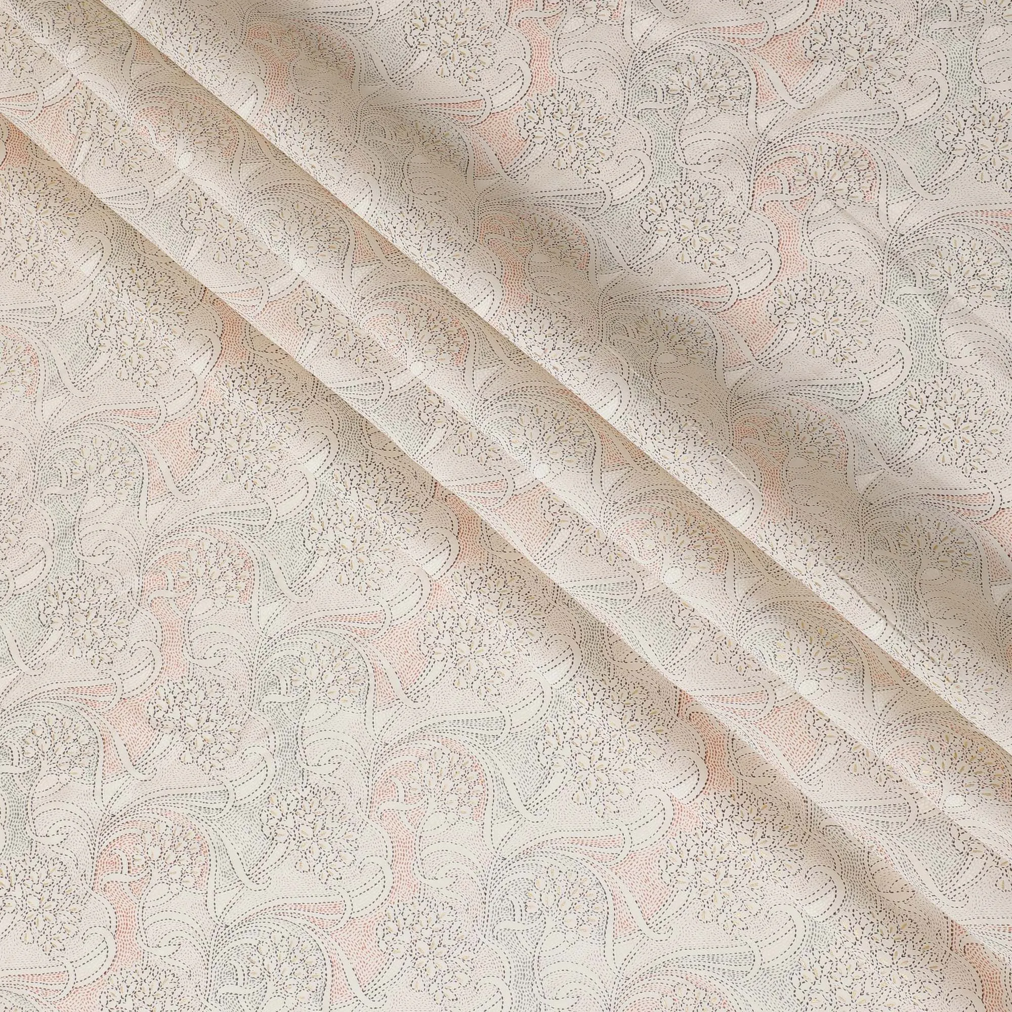 Cream Synthetic blended  cotton fabric with gold foil having multicolor print in floral design-D16732