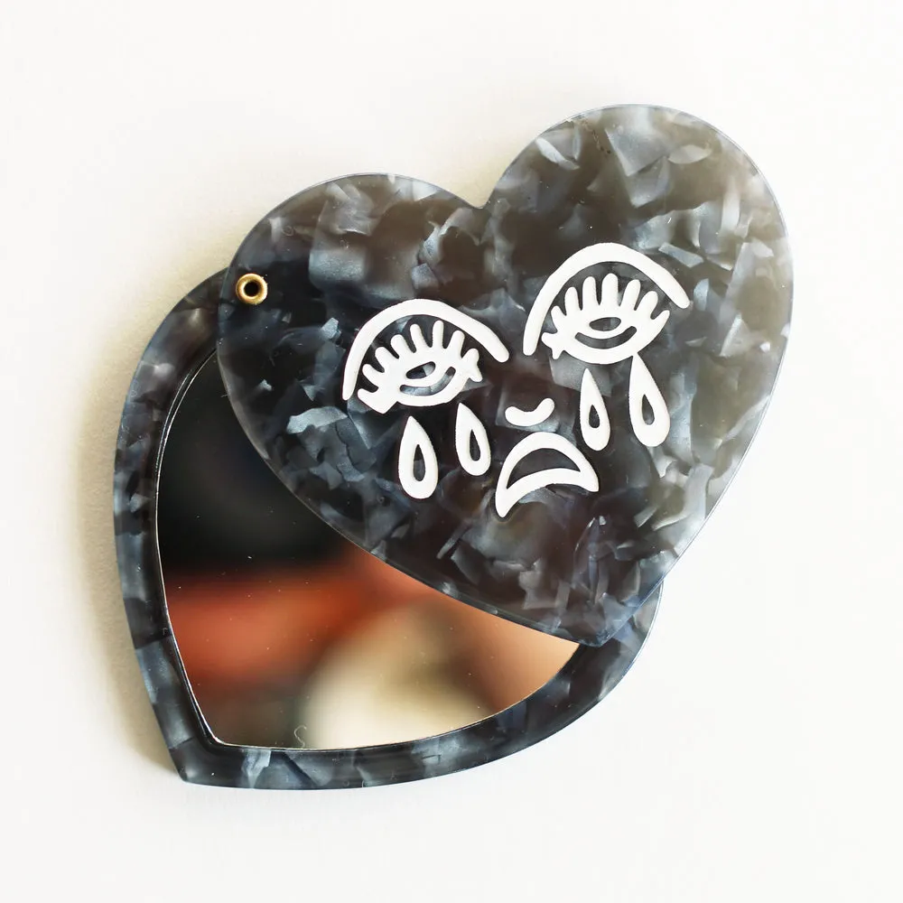 Crying Heart Black Marble Compact Pocket Mirror