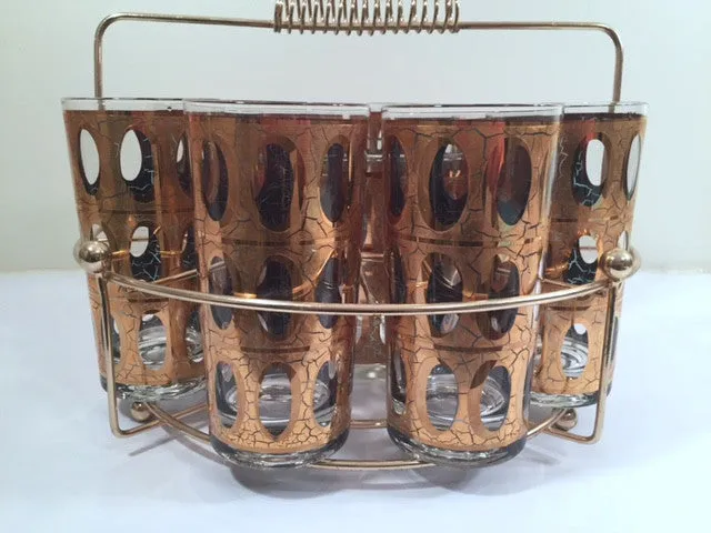 Culver Mid-Century Pisa 22-Karat Gold Cocktail Bar Set (8 Glasses, Ice Container, Carrier)