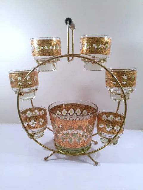 Culver - Signed Valencia Mid-Century Green & 22-Karat Gold Ferris Wheel Drink Set