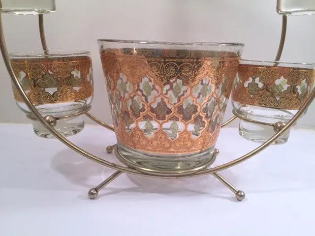 Culver - Signed Valencia Mid-Century Green & 22-Karat Gold Ferris Wheel Drink Set