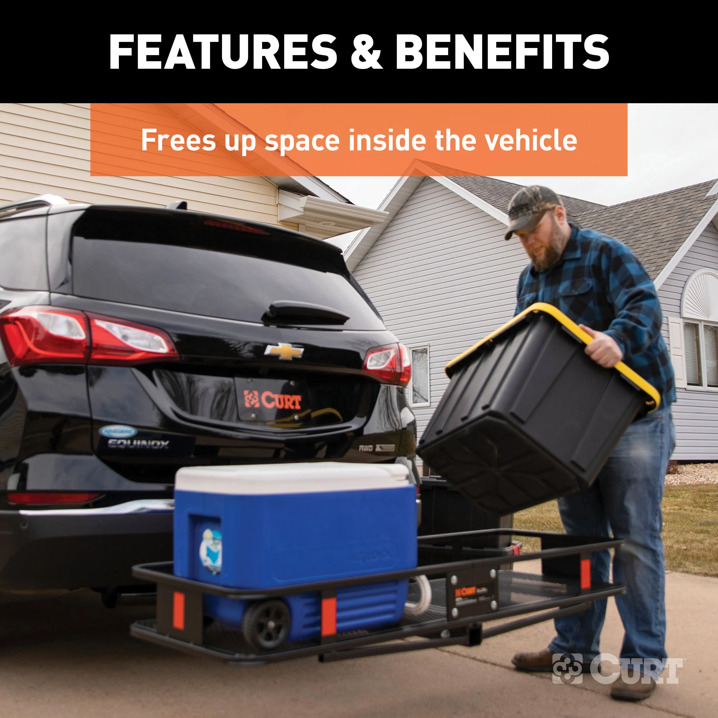 CURT 18151 60in. x 20in. Black Steel Basket Cargo Carrier (Folding 2in. Shank; 500 lbs.)